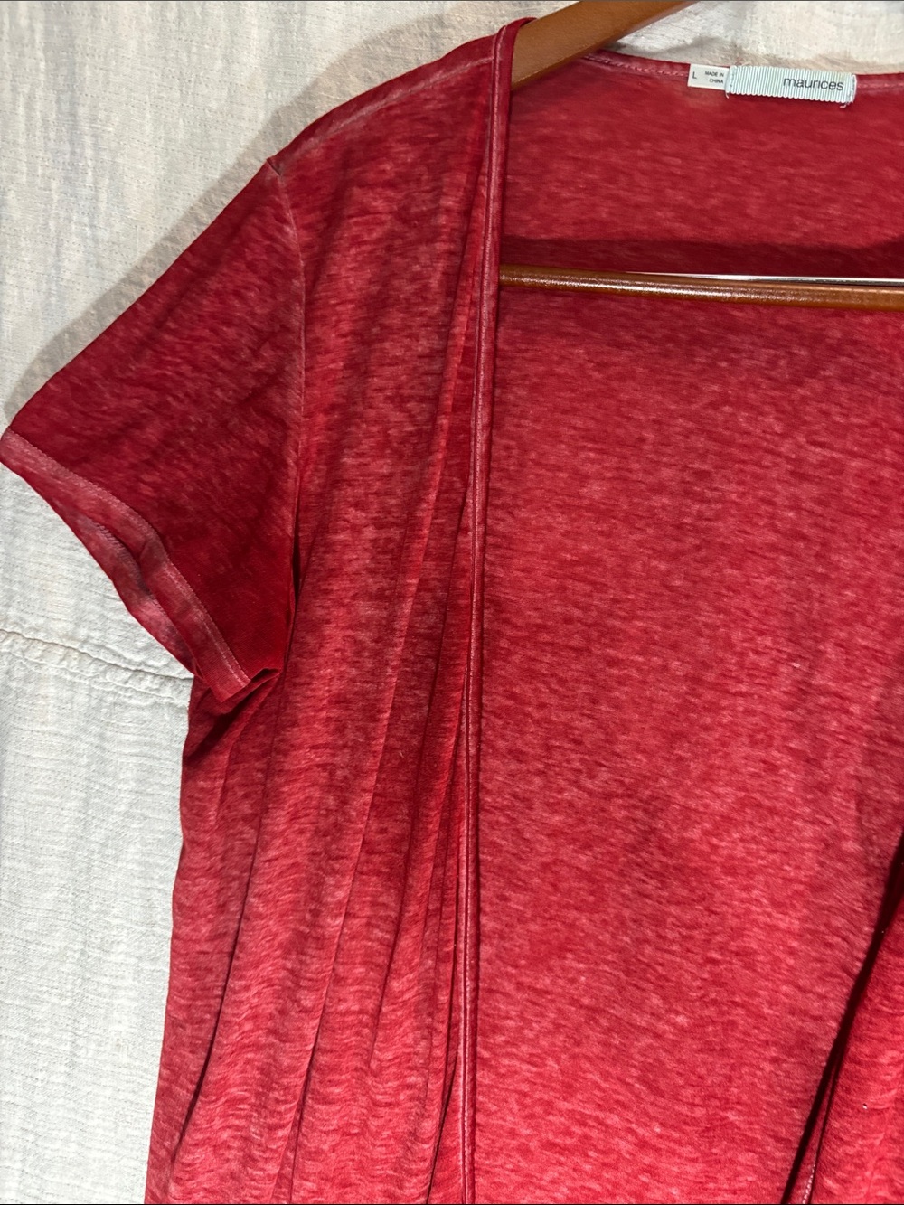 Maurices Red Short Sleeve Open Front Cardigan with Fringe Burnout Knit - Picture 6 of 13